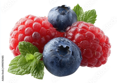 Fresh raspberries and blueberries, glistening with water droplets, garnished with mint leaves