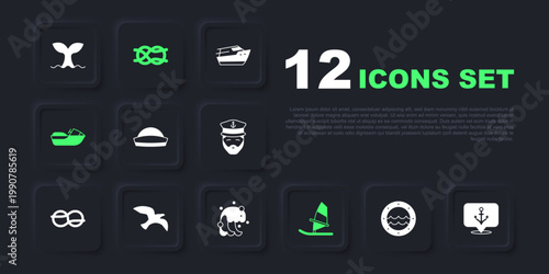 Set Ship porthole, Anchor, Sailor hat, Windsurfing, Jet ski, Bird seagull, Nautical rope knots and Tsunami icon. Vector