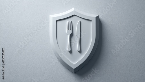Embossed shield with fork and knife, symbolizing safety and protection in food