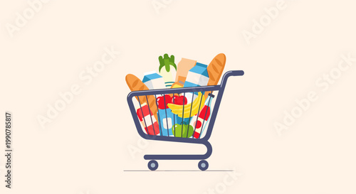 Colorful grocery shopping cart with various food items in cartoon style for e-commerce