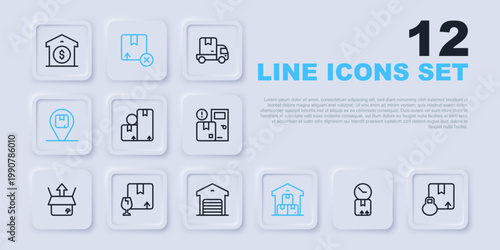 Set line Cardboard box with clock, Carton cardboard, Full warehouse, Location, Package fragile content, and Warehouse icon. Vector
