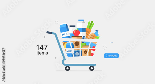 Shopping cart filled with groceries and products in colorful illustration for e-commerce