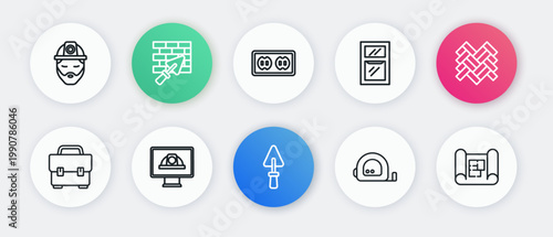 Set line Trowel, Parquet, Toolbox, Roulette construction, Window in room, Electrical outlet, House plan and Worker safety helmet icon. Vector