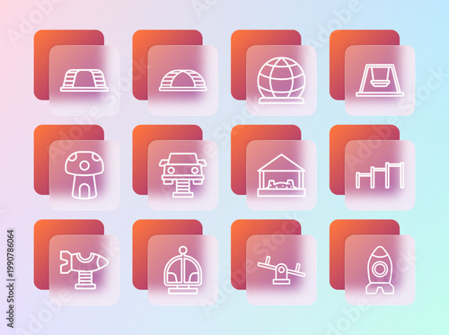 Set line Swing for kids, Attraction carousel, Sandbox with sand, Seesaw, Playground climbing equipment, Monkey bar and icon. Vector