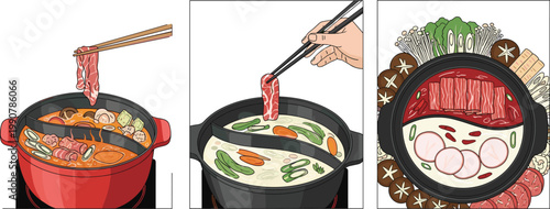Japanese Hot Pot Cooking Process Vector Illustration with Chopsticks, Boiling Broth, Sliced Beef, Vegetables, and Traditional Nabe Meal Scenes