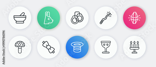Set line Magic hat, stone, Psilocybin mushroom, Medieval goblet, wand, Handcuffs, Candlestick and Bow tie icon. Vector