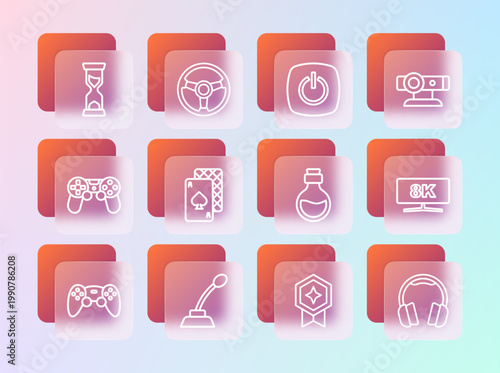 Set line Web camera, Microphone, Bottle with magic elixir, Game rating medal, Playing cards, Power button, Old hourglass and Racing simulator icon. Vector