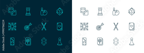 Set line Game dice, Mahjong pieces, Crossed billiard cues, Puzzle toy, Classic dart board and arrow, Bowling pin ball, and Chess icon. Vector