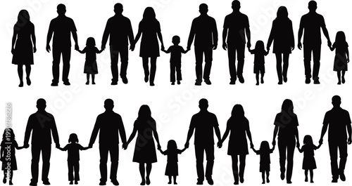 Silhouettes of diverse families holding hands representing unity love and generational connections in black