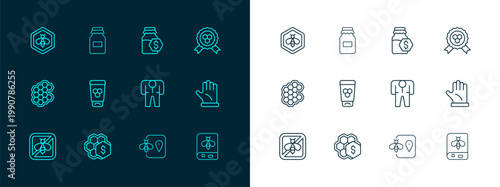 Set line Honey award, Sale of honeycomb, Beekeeper costume, location, Cosmetic tube with, in jar, and and Jar icon. Vector