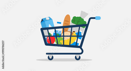 Shopping cart filled with colorful grocery items in flat illustration style with bright vibrant colors for e-commerce