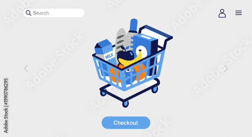 Shopping cart with various products in modern e-commerce website for online shopping