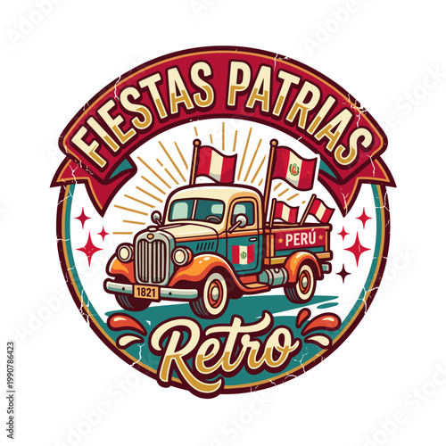 Retro truck with Peruvian flags for Fiestas Patrias celebration
