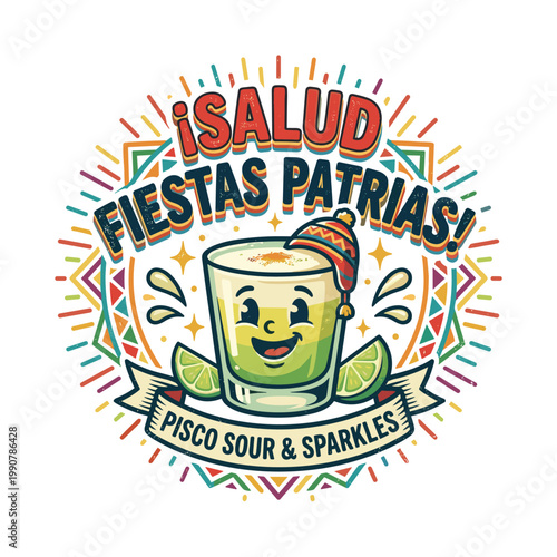 Pisco sour mascot celebrating Fiestas Patrias with colorful decorations