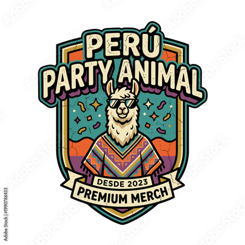 Llama wearing sunglasses and poncho, "Peru Party Animal" emblem