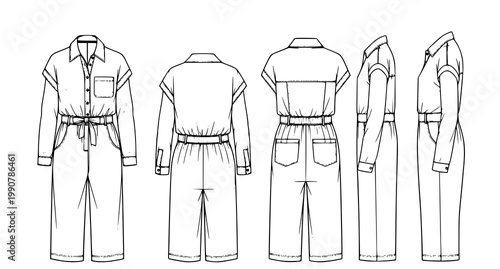 Relaxed fit womens jumpsuit technical fashion drawing with multi view garment blueprint vector illustration