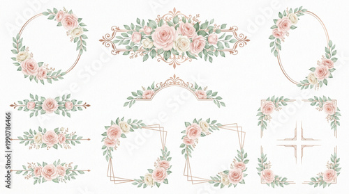 Elegant floral arrangements and decorative frames with delicate pink and white roses for wedding invitations and graphic design