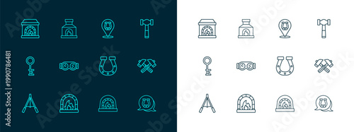 Set line Hammer, Blacksmith oven, Horseshoe, Welding glasses, and icon. Vector