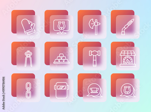 Set line Welding torch, mask, Hammer, Blacksmith anvil tool, Gold bars, Medieval axe, Protective gloves and Horseshoe icon. Vector