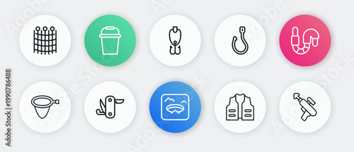 Set line Winter fishing, Worm, Fishing net, jacket, hook, lure, harpoon and Swiss army knife icon. Vector