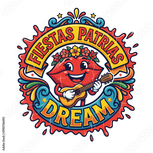 Festive lips mascot playing guitar, Fiestas Patrias Dream design