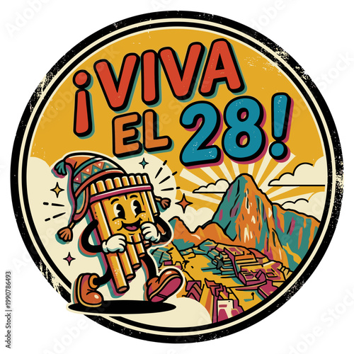 Retro cartoon mascot playing panpipes in front of Machu Picchu