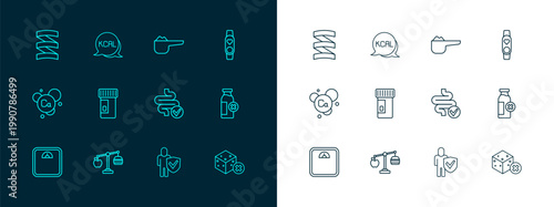 Set line Smart watch with heart, Calorie calculator, Intestines, Healthy lifestyle, Vitamins, Sports nutrition proteine, and Kcal icon. Vector