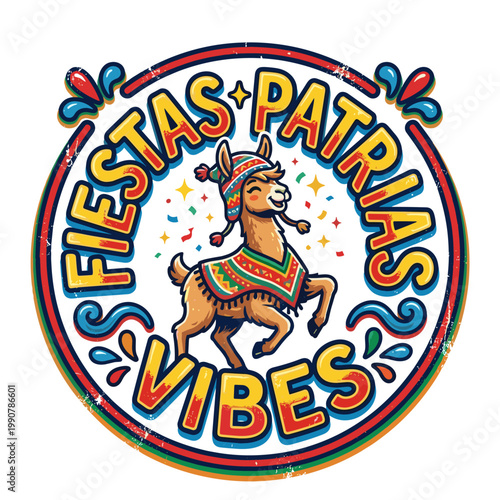 Vicuña mascot in chullo hat with 'Fiestas Patrias Vibes' text