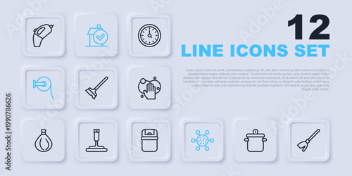 Set line Cooking pot, Handle broom, Mop, Bacteria, Toilet paper roll, Rubber cleaner for windows, Home cleaning service and Trash can icon. Vector