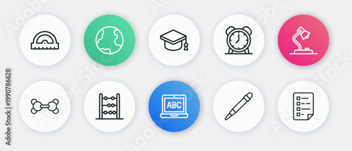 Set line Laptop, Table lamp, Molecule, Pencil with eraser, Alarm clock, Graduation cap, Clipboard checklist and Abacus icon. Vector