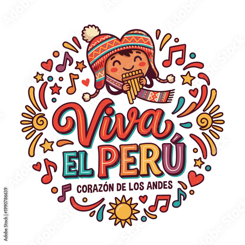 Peruvian character playing panpipes with "Viva el Perú" text