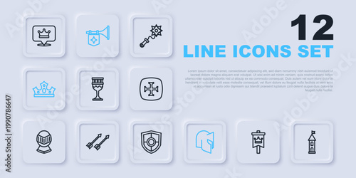 Set line Medieval flag, Castle tower, goblet, helmet, King crown, arrows, Trumpet with and Shield icon. Vector