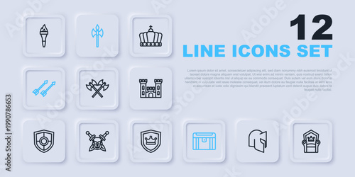 Set line Medieval helmet, throne, Crossed medieval axes, Antique treasure chest, arrows, Skull with sword, and Shield crown icon. Vector