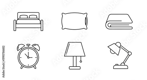 Line icons of bedroom furniture objects.