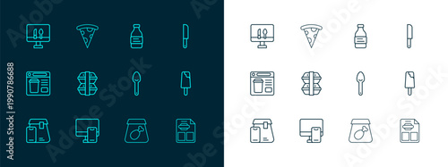 Set line Knife, Online ordering food, Spoon, meal, Lunch box, Bottle of water, and Slice pizza icon. Vector