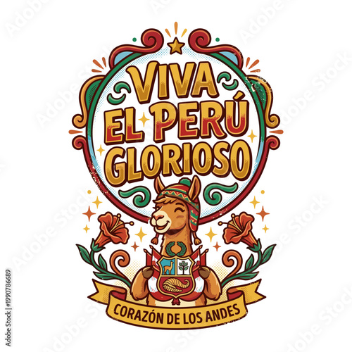Peruvian llama with national symbols and text "Viva el Perú Glorioso"
