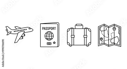 Travel icons with airplane passport luggage.