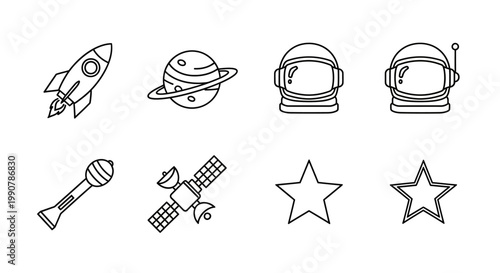 Space icons with rocket and helmets.