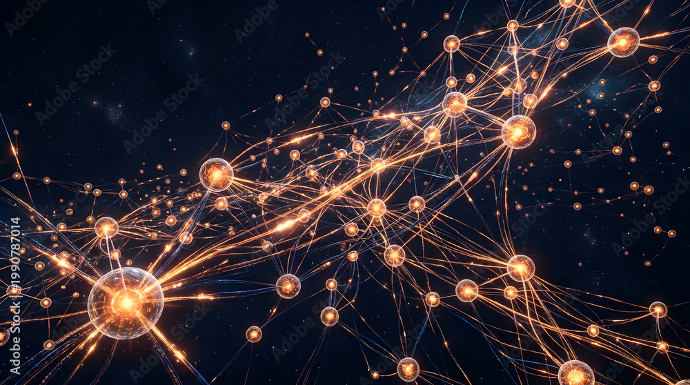 Fototapeta premium Neural network nodes with pulsing energy signals along fiber pathways