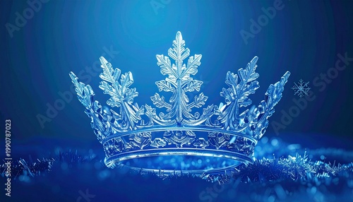 3D ice crystal crown with frosty blue glow on winter abstract background
