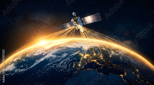 Communications satellite beaming golden data streams to earth from orbit
