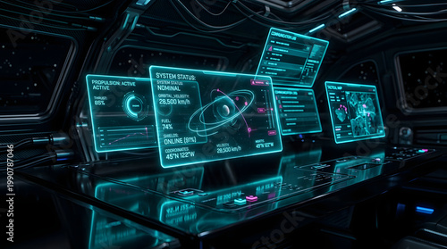 Holographic dashboard panels floating above dark reflective surface