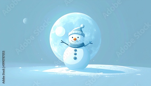 3D snowman mascot floating in winter night sky with soft moonlight glow
