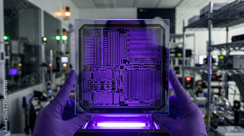 Photolithography mask revealing intricate circuit patterns in UV light