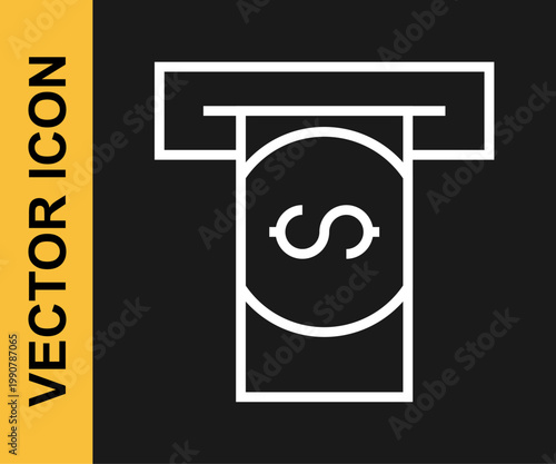White line ATM - Automated teller machine and money icon isolated on black background. Vector