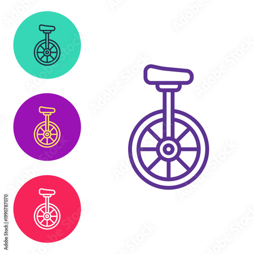 Set line Unicycle or one wheel bicycle icon isolated on white background. Monowheel bicycle. Set icons colorful. Vector