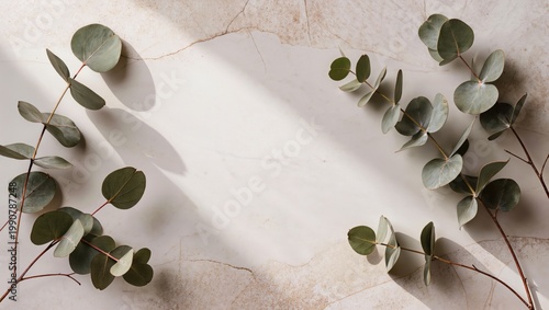 Eucalyptus stems flat lay on stone background with soft light falloff and premium copy space center