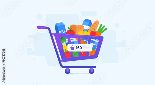 Shopping cart filled with colorful groceries on light blue background for e-commerce