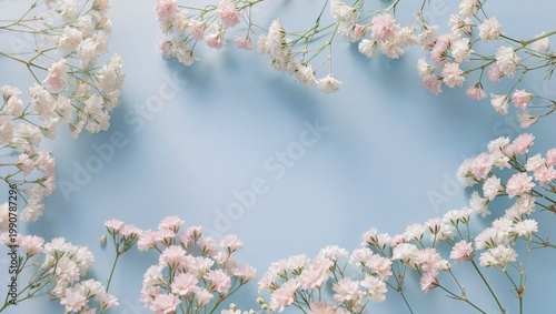 Gypsophila flat lay on sky blue background with airy gaps and dreamy soft shadow copy space center