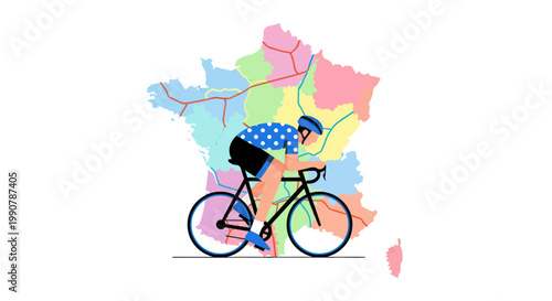 Cyclist Riding Bicycle Over Colorful Map of France, Tour de France Concept